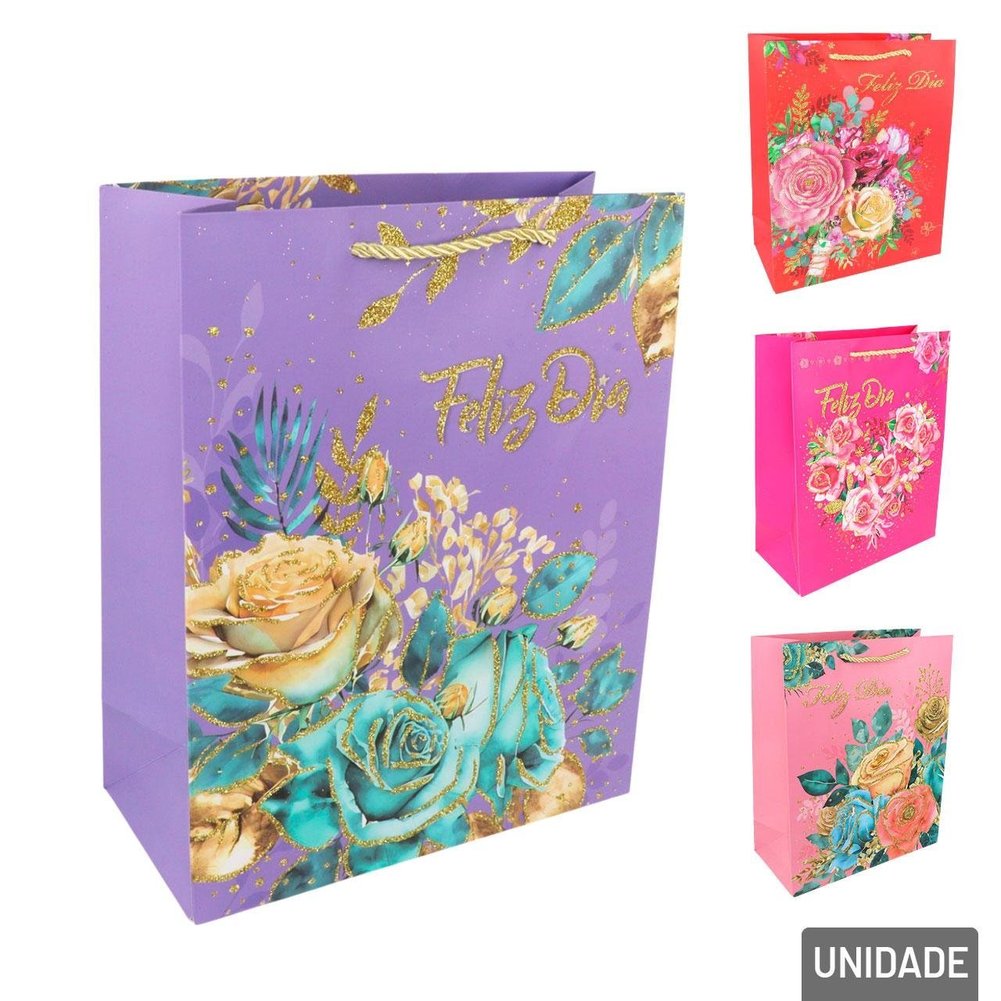 Sacola de Papel 32x26cm Flores Glitter Sortidas