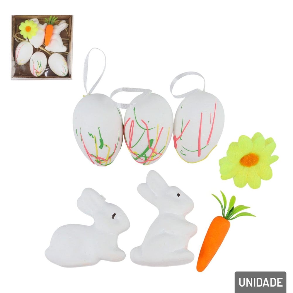 Enfeite de Páscoa Coelhos e Ovos 5 Peças Branco