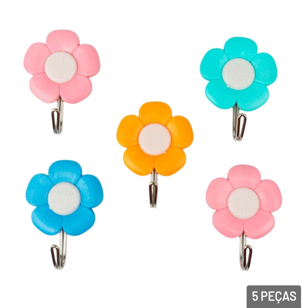 Gancho de Plástico 5 Pçs 5,5cm Adesivo Flores
