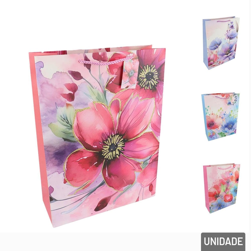 Sacola de Papel 23x18cm Flores com Glitter Sortido