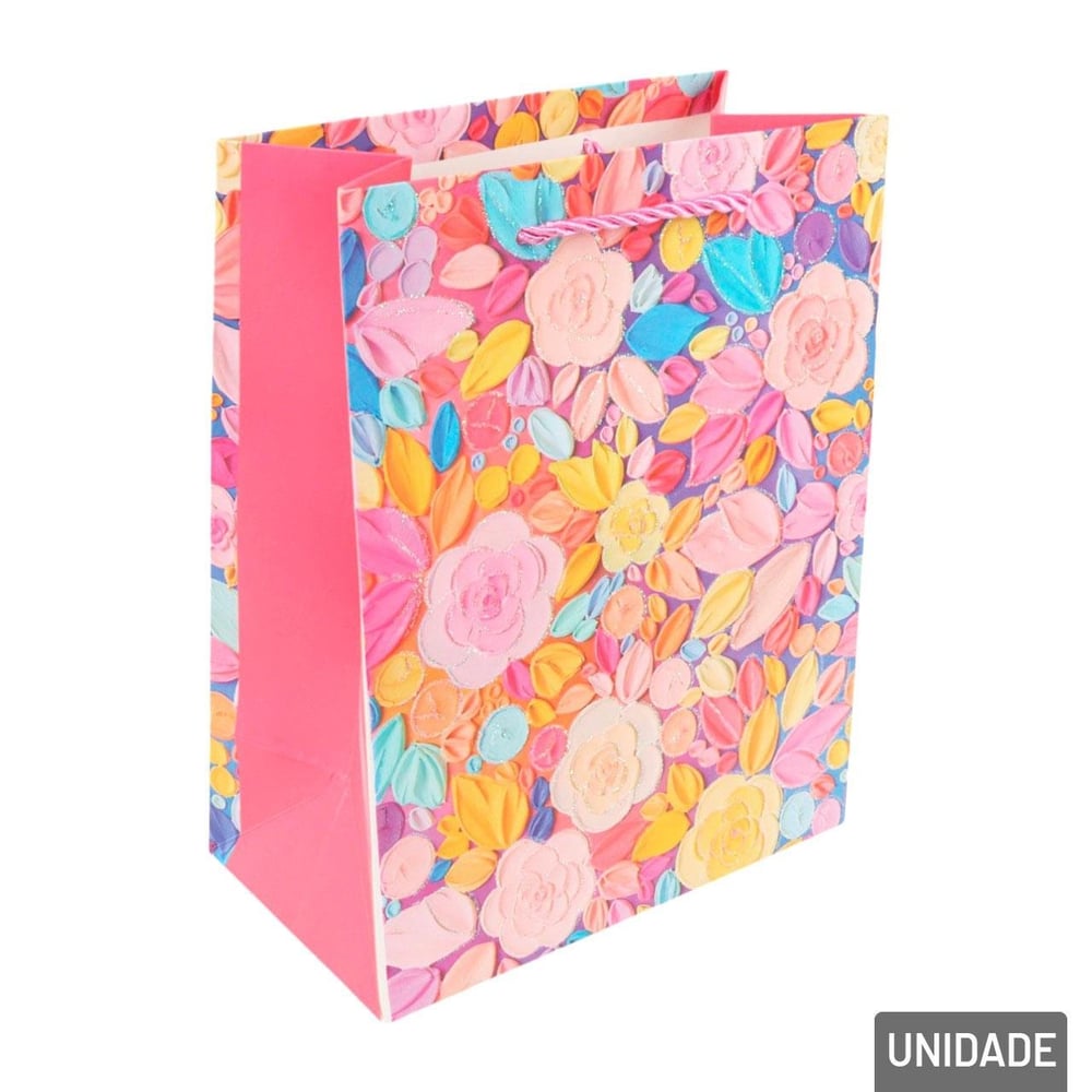 Sacola de Papel 23x18cm Flores Glitter Sortidas