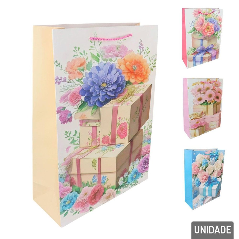 Sacola de Papel 41x30cm Flores Glitter Sortidas