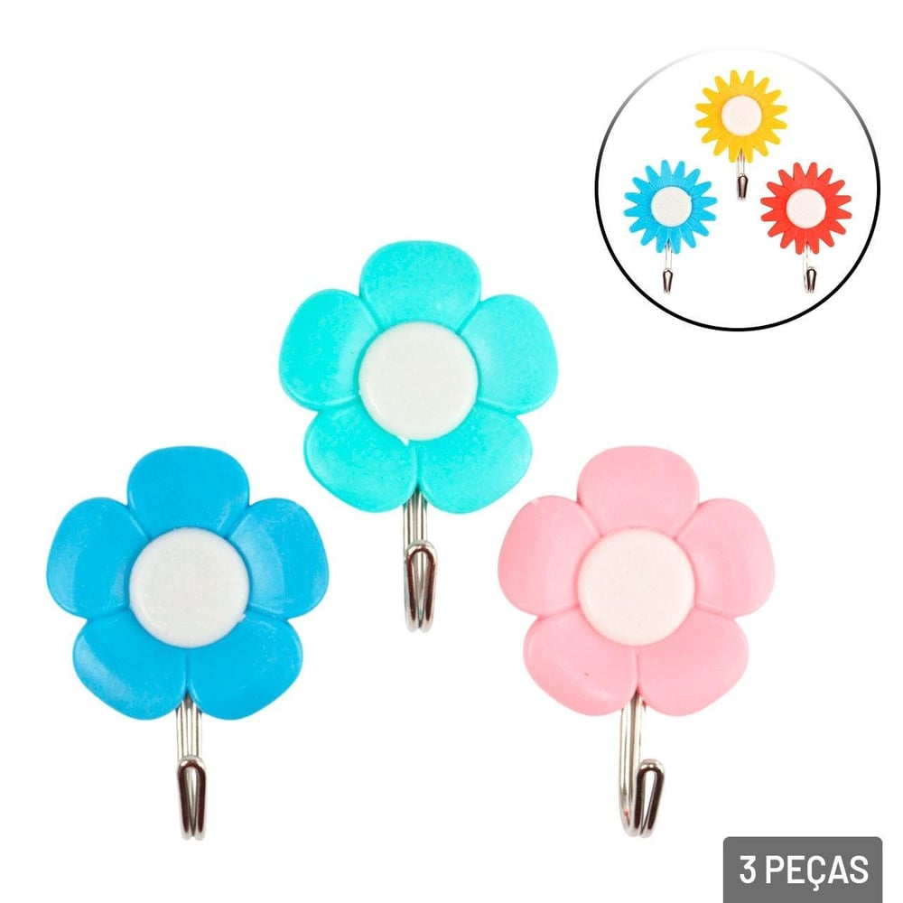 Gancho de Plástico 3 Pçs 5cm Adesivo Flores Color