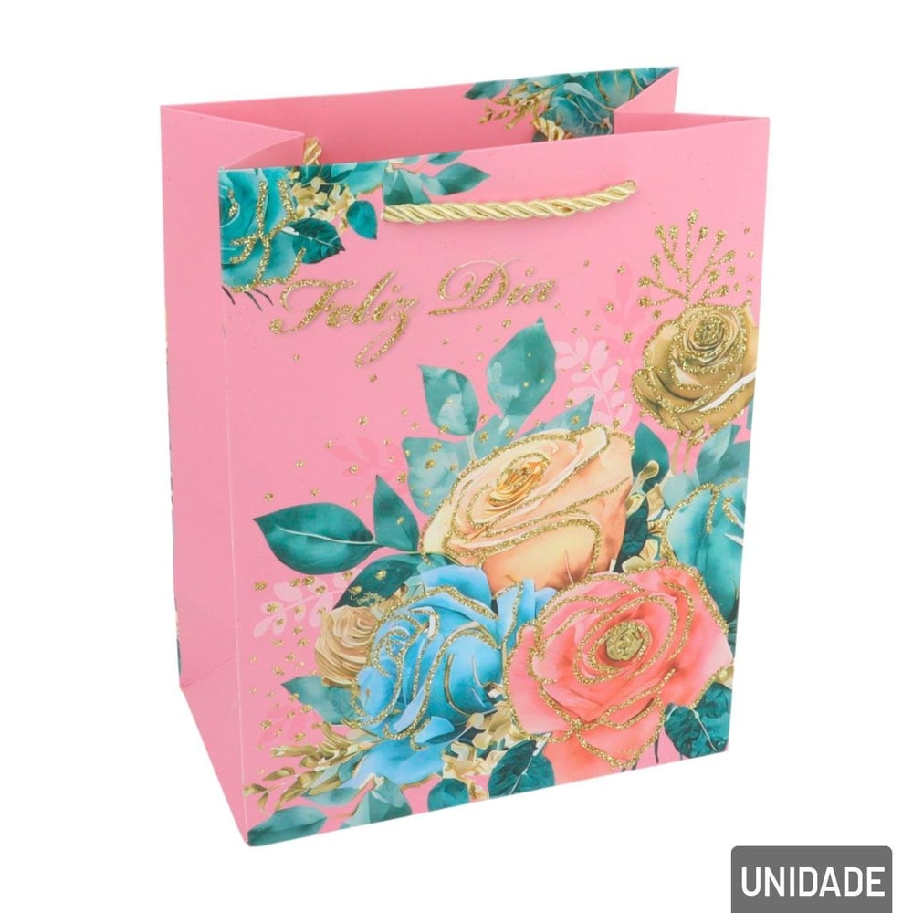 Sacola de Papel 23x18cm Flores Glitter Sortidas