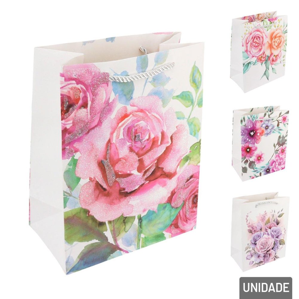 Sacola de Papel 23x18 Flores Glitter Sortidas