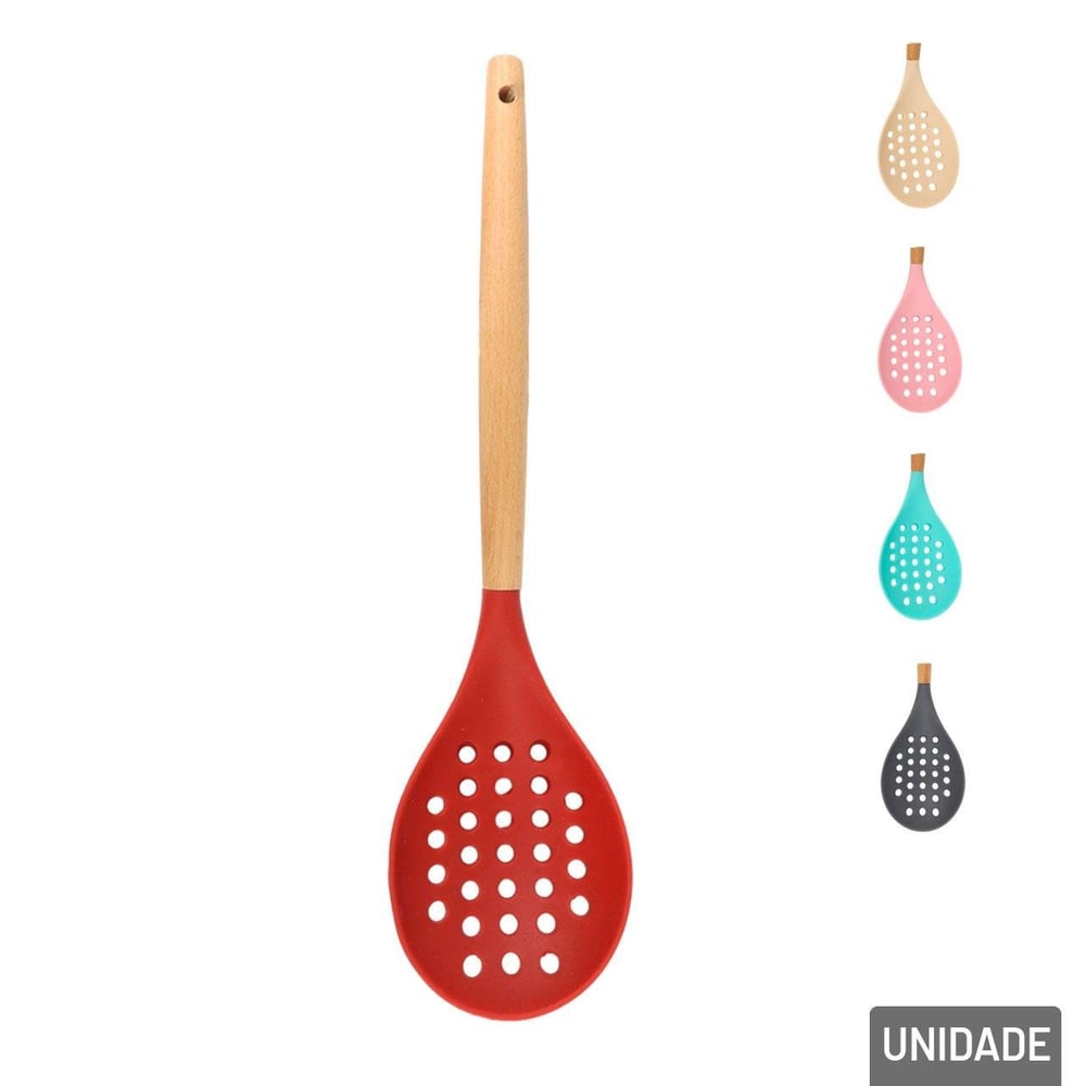 Escumadeira de Silicone 32cm Cabo de Madeira Color