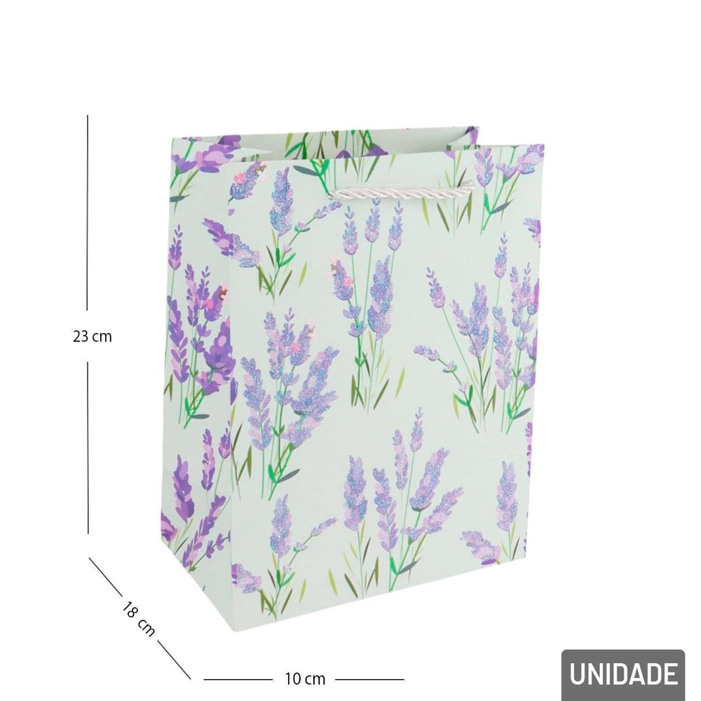 Sacola Papel 23x18cm Flores Lavanda Glitter