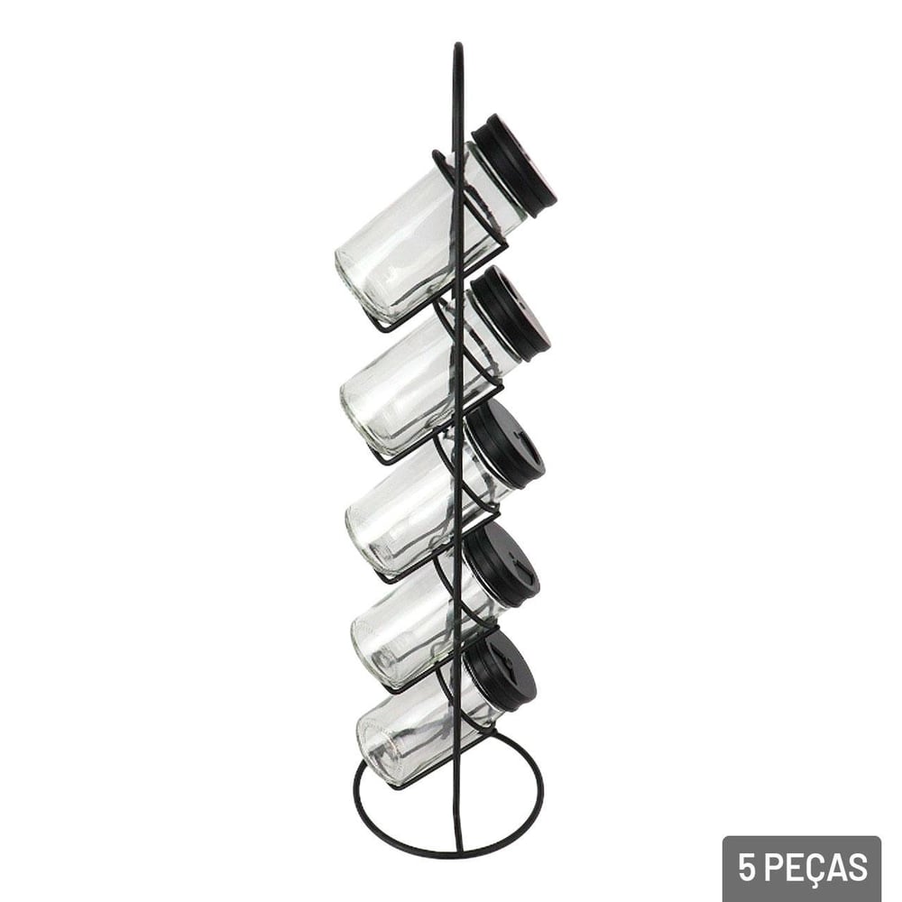 Porta Condimento 5 Pçs Vidro Suporte Metal Torre