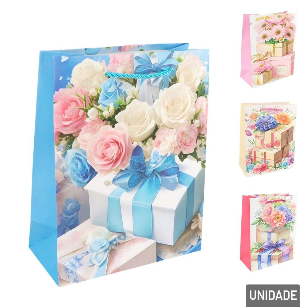 Sacola de Papel 23x18cm Flores Glitter Sortidas