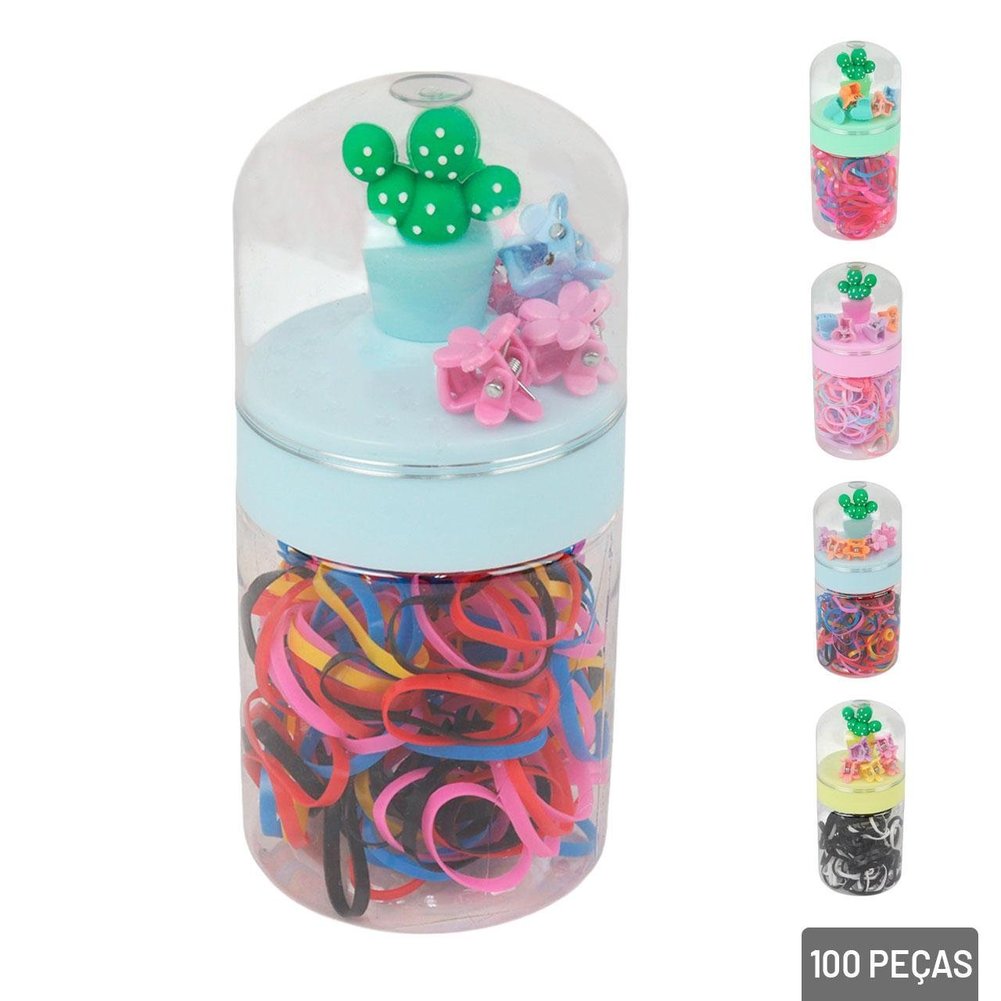 Elástico de Cabelo 100 Peças Silicone e Presilhas