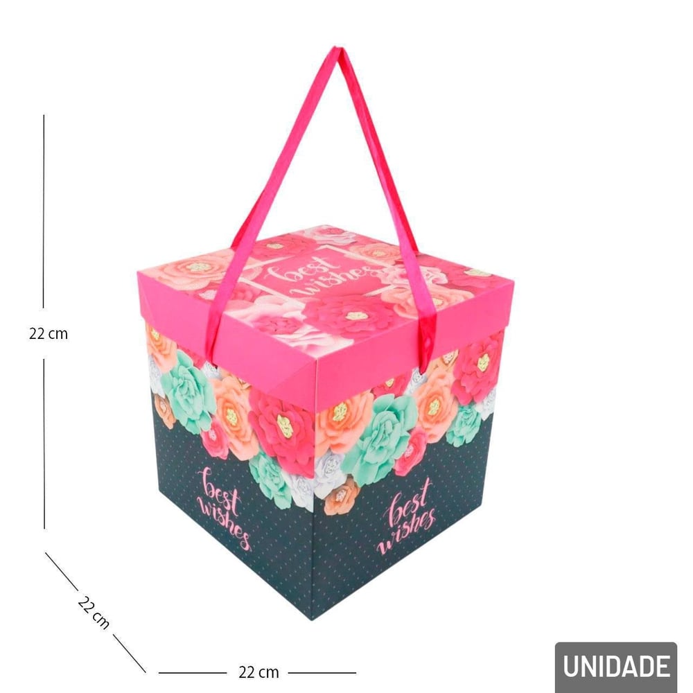 Caixa de Presente de Papel 22cm Rosas com Laço