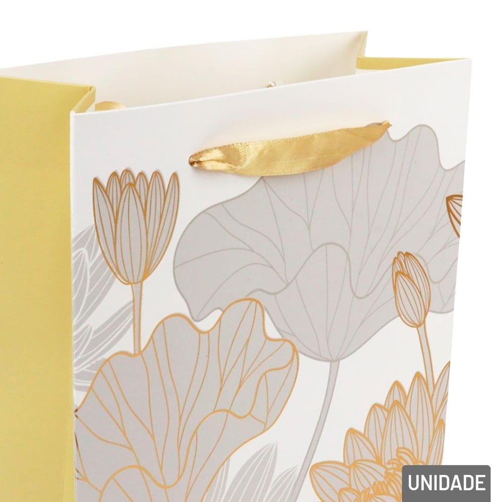 Sacola de Papel 23x18cm Flores Metalizada Branca