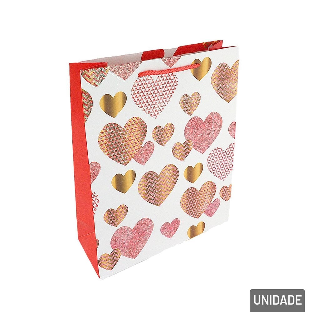 Sacola de Papel 32x26cm Corações Glitter Sortidos