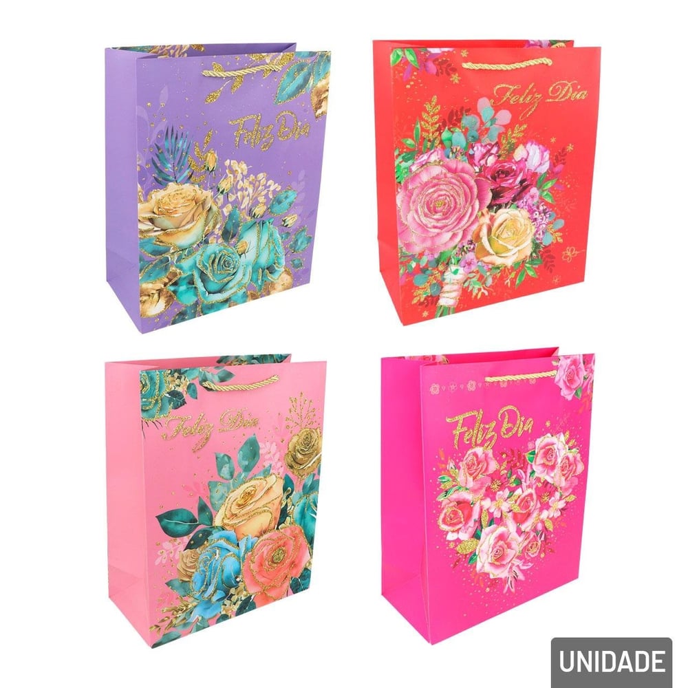 Sacola de Papel 32x26cm Flores Glitter Sortidas