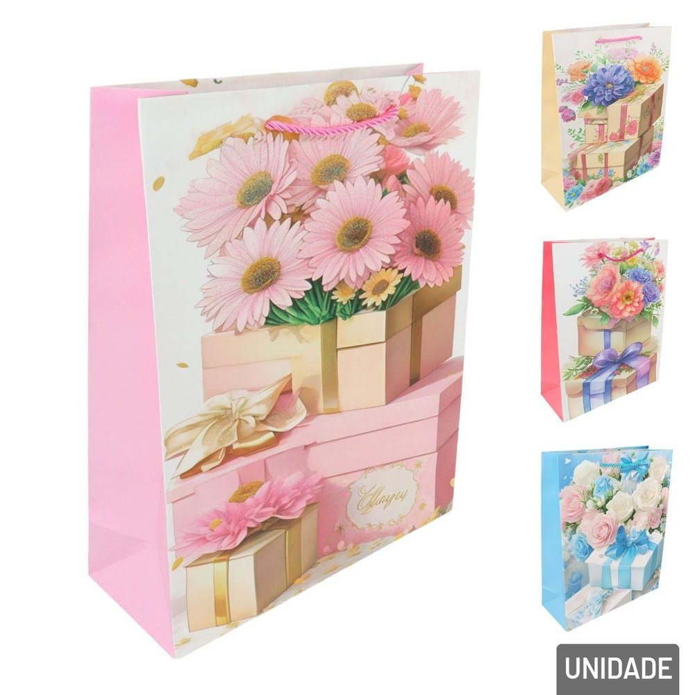 Sacola de Papel 32x26cm Flores Glitter Sortidas