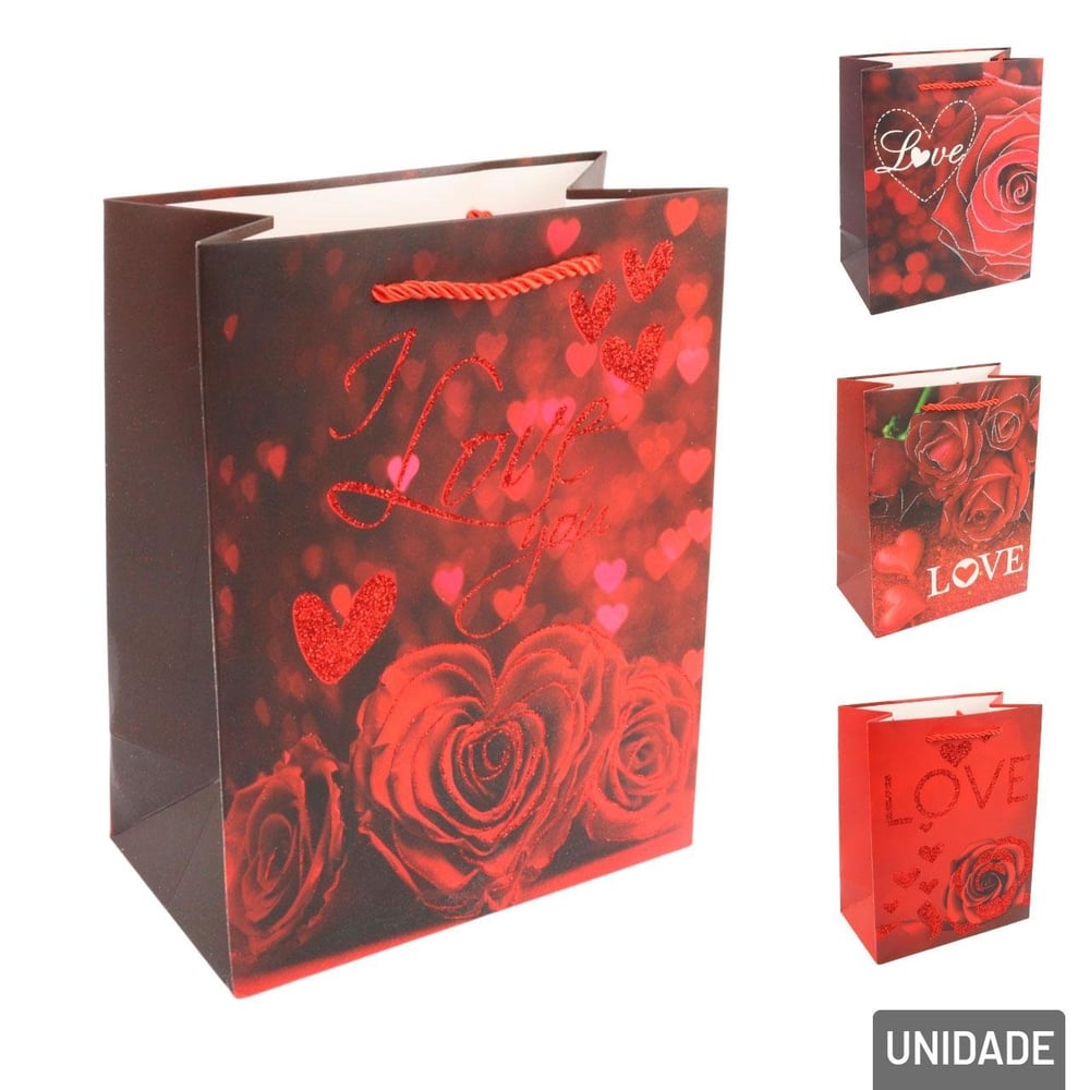 Sacola de Papel 23x18cm com Glitter Love Sortidos