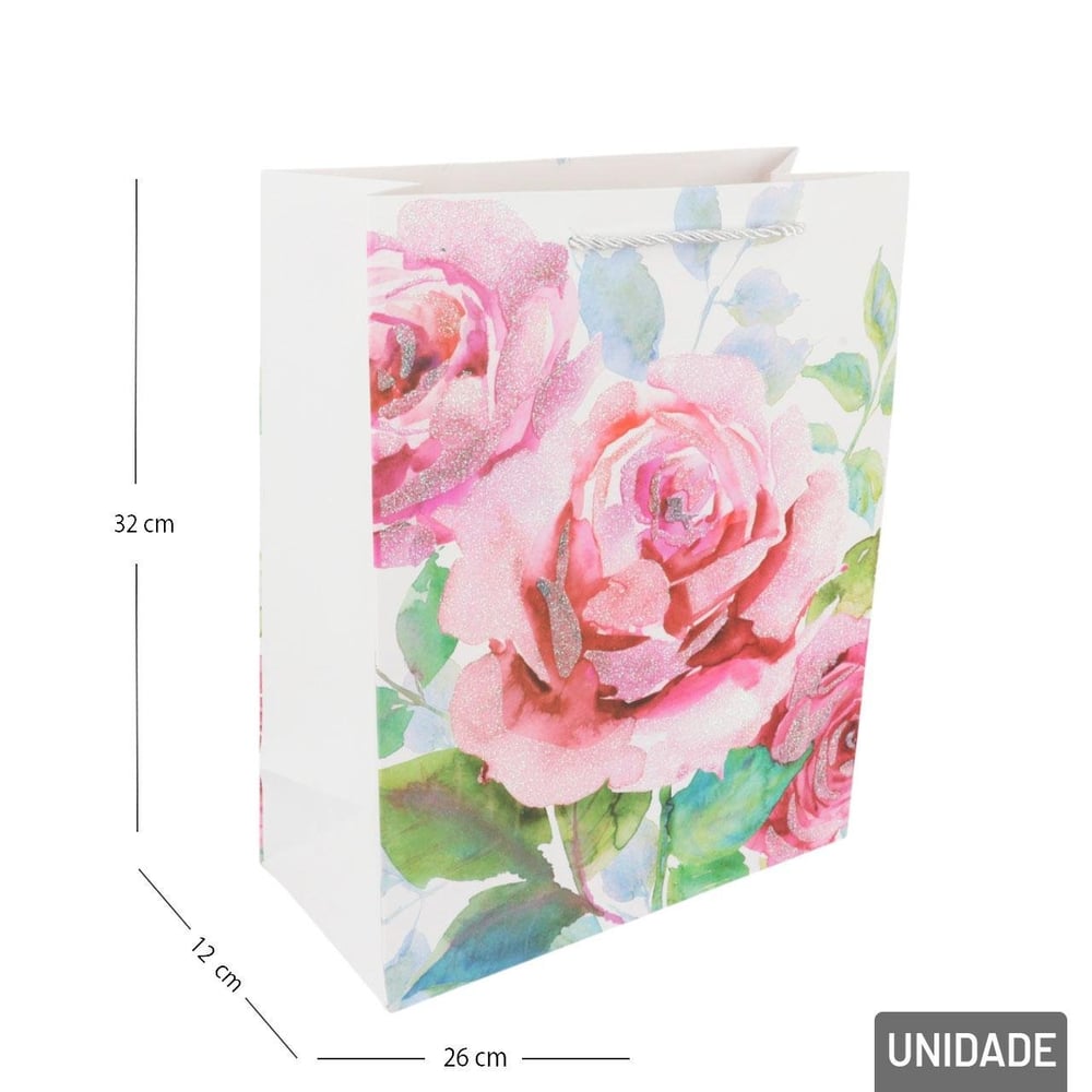 Sacola de Papel 32x26cm Flores com Glitter Sortido