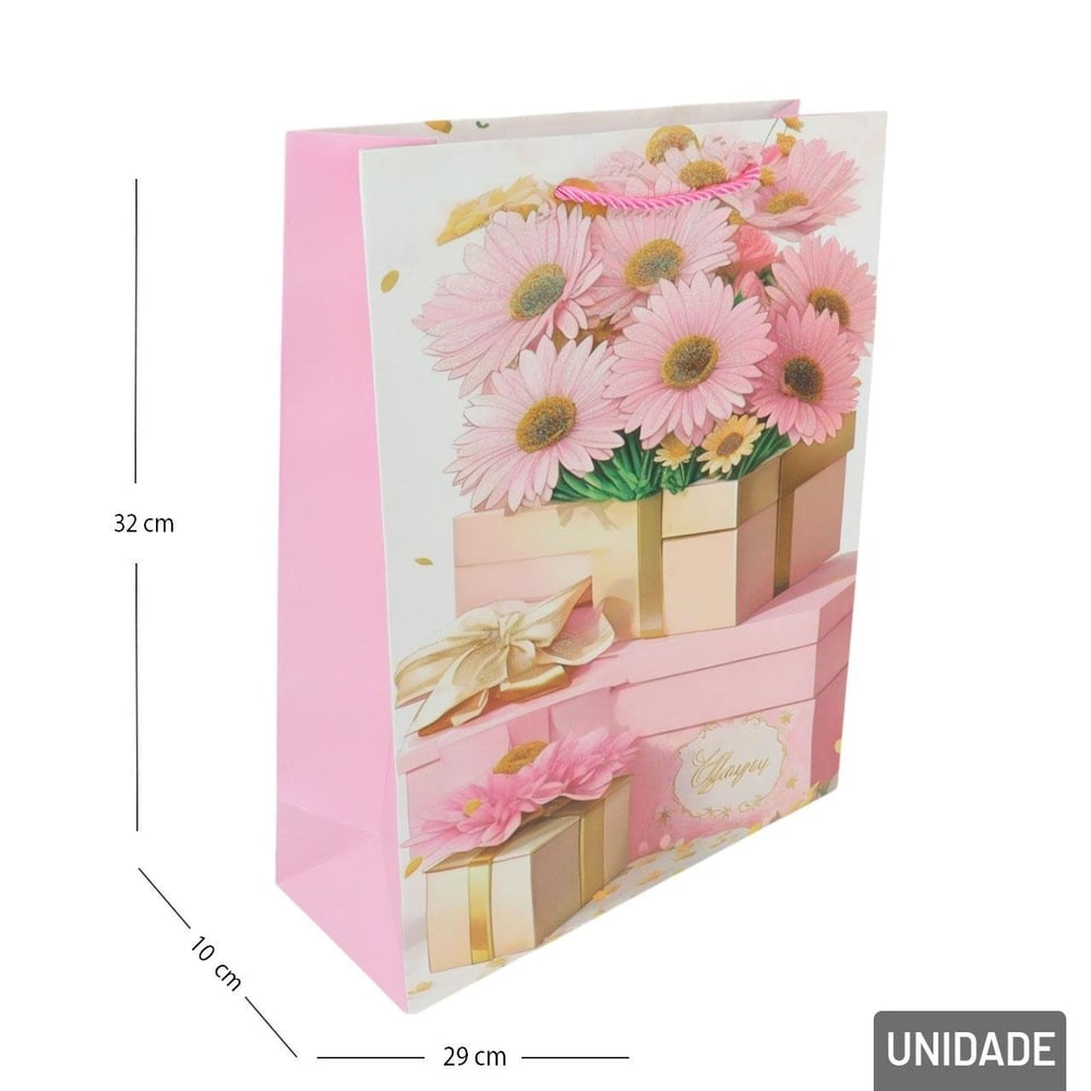 Sacola de Papel 32x26cm Flores Glitter Sortidas