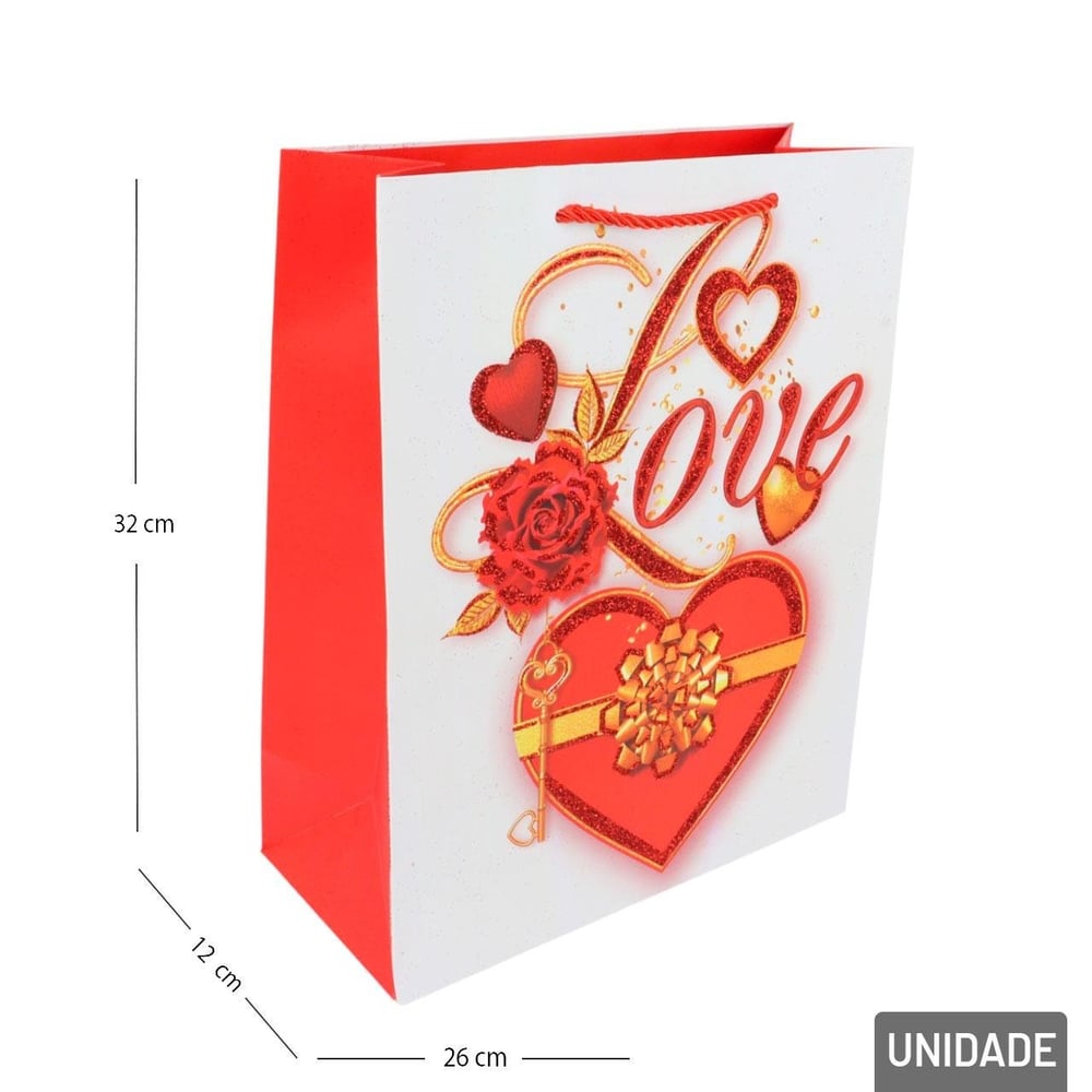 Sacola de Papel 32x26cm Coração Frase Love Sortido