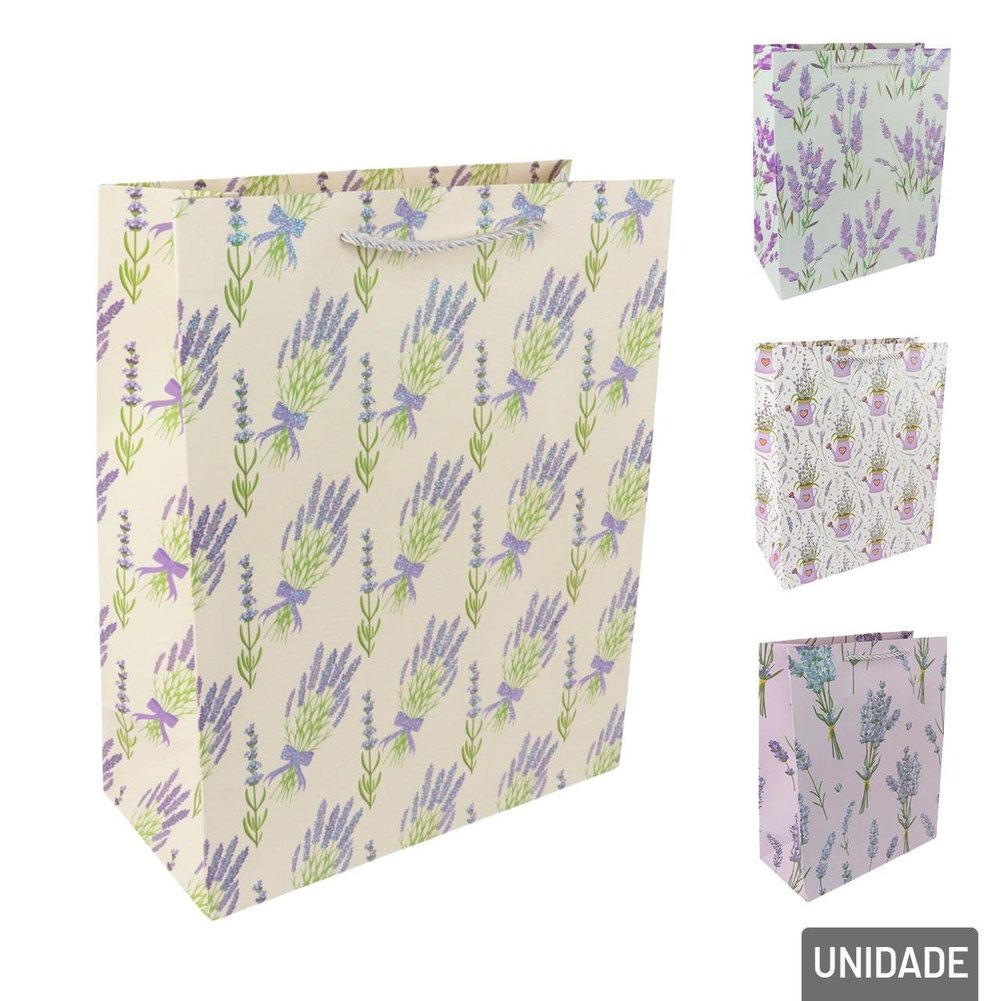 Sacola de Papel 32x26cm Flores Lavanda Glitter