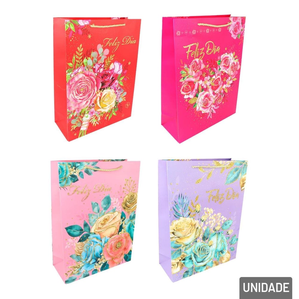 Sacola de  Papel 40x30cm Flores Glitter Sortidas