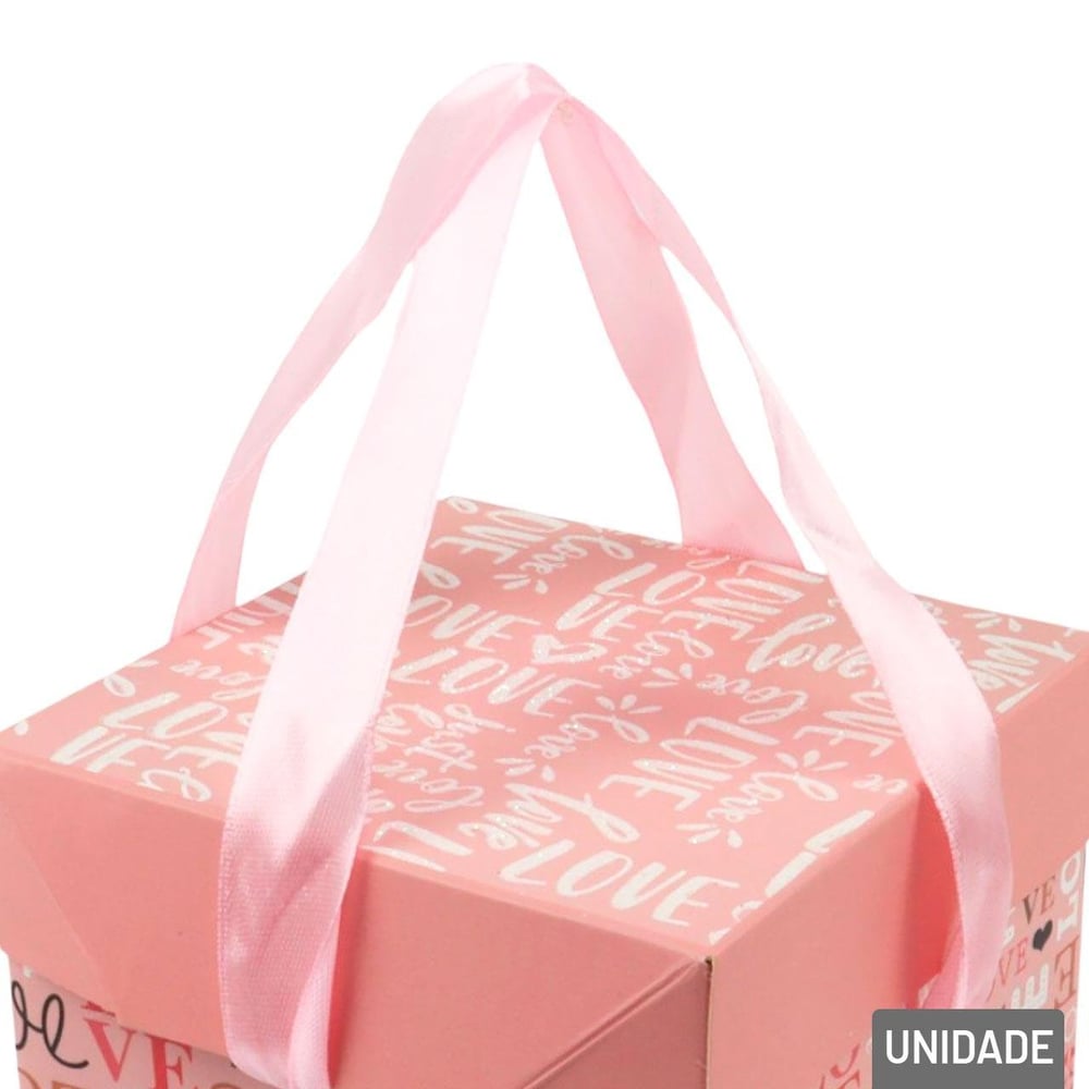 Caixa de Presente de Papel 10cm Love Rosa com Laço