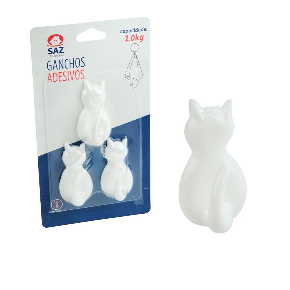 Gancho de Plástico 3 Pçs 5,5cm Gatinho Branco