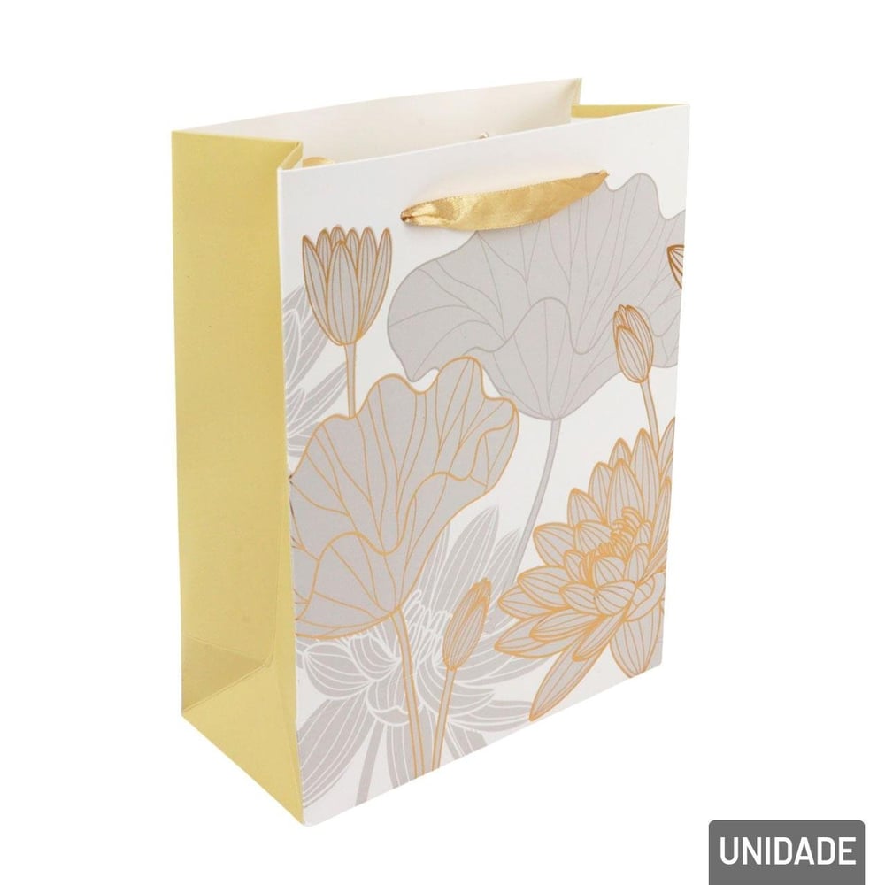 Sacola de Papel 23x18cm Flores Metalizada Branca