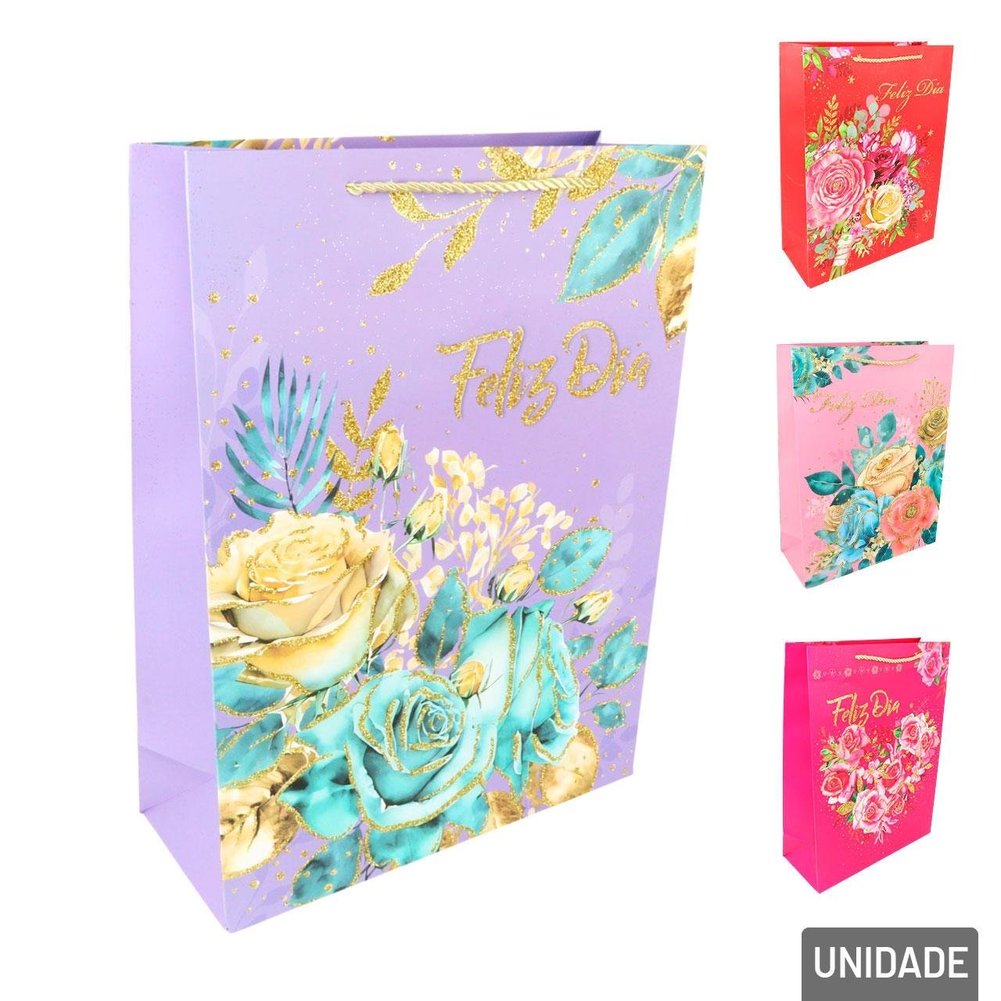 Sacola de  Papel 40x30cm Flores Glitter Sortidas