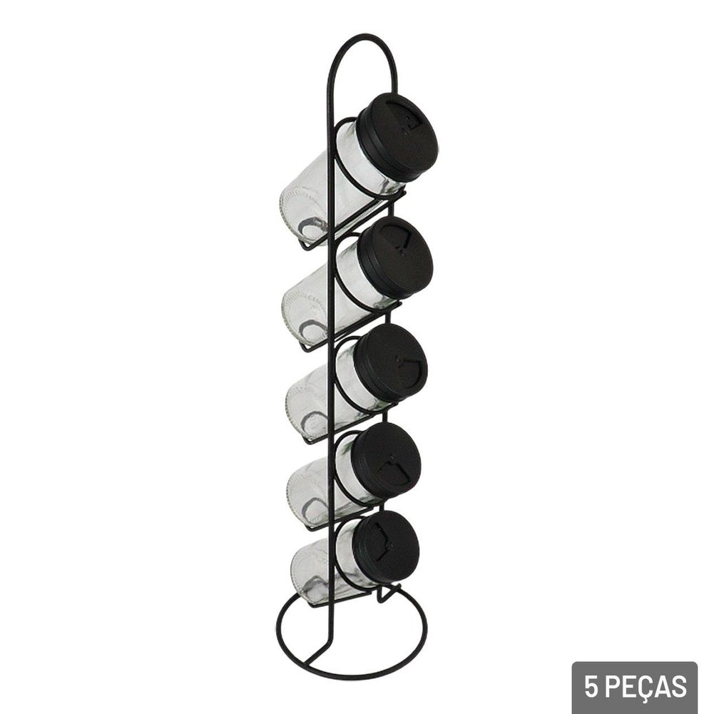 Porta Condimento 5 Pçs Vidro Suporte Metal Torre