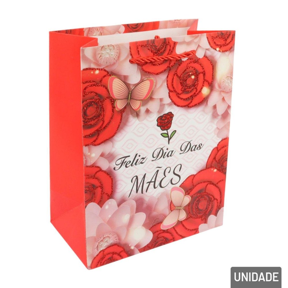 Sacola de Papel 23x18cm Flores Glitter Vermelho