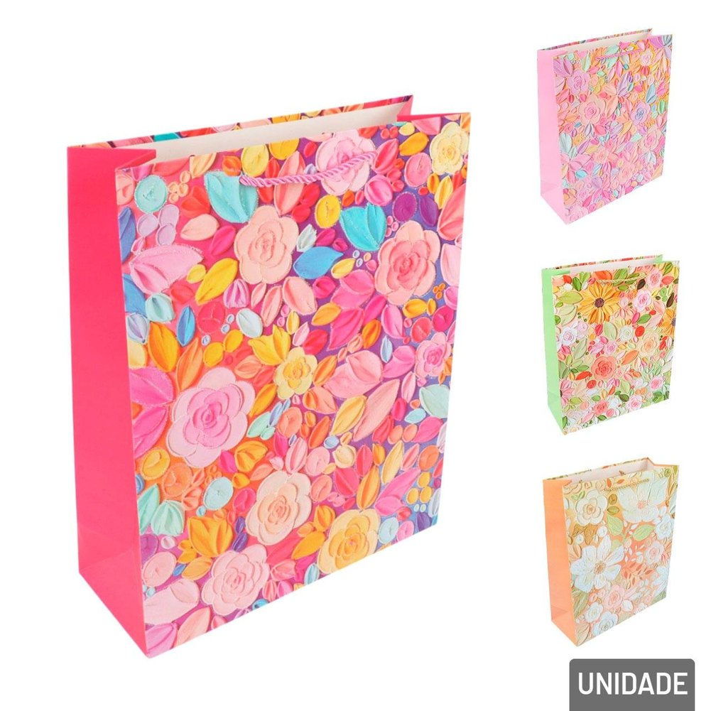 Sacola de Papel 32x26cm Flores Glitter Sortidas