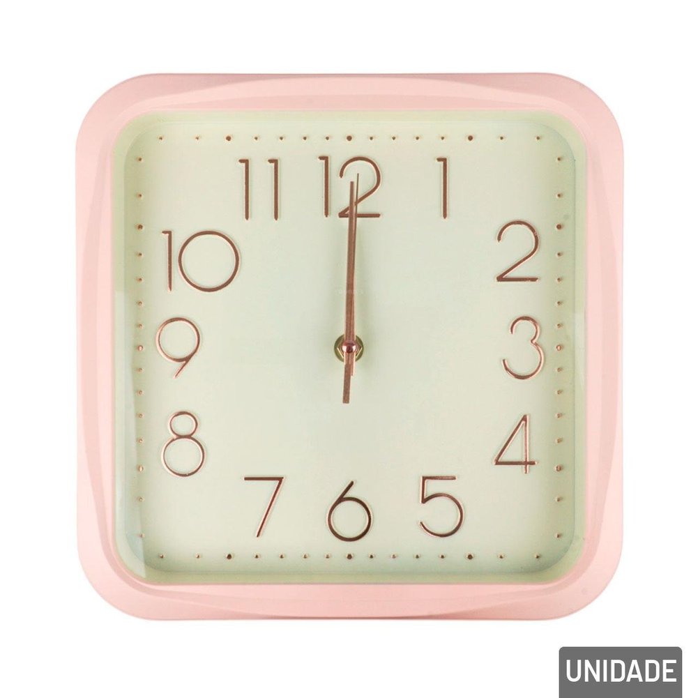 Relógio Analógico de Parede 25cm Quadrado Rosa
