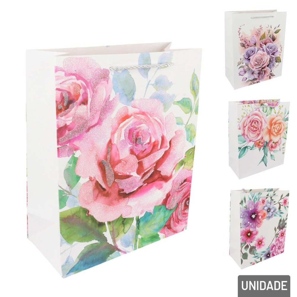 Sacola de Papel 32x26cm Flores com Glitter Sortido