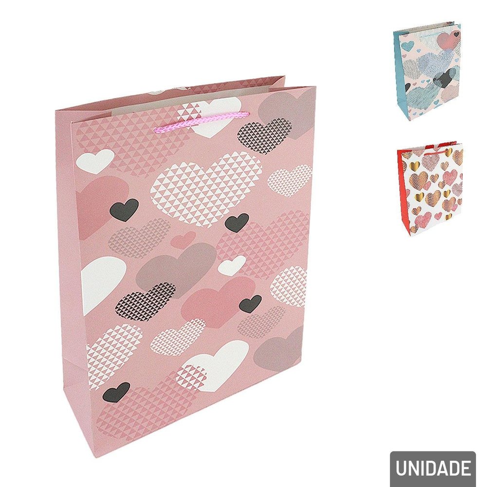 Sacola de Papel 32x26cm Corações Glitter Sortidos