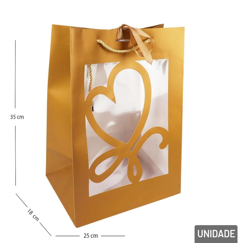 Sacola de Papel 35x25cm com Visor Coração e Laço