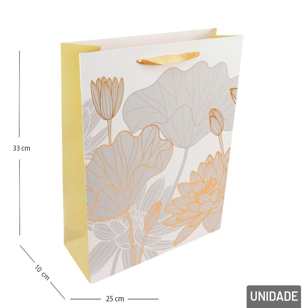 Sacola de Papel 33x25cm Flores Metalizada Branca