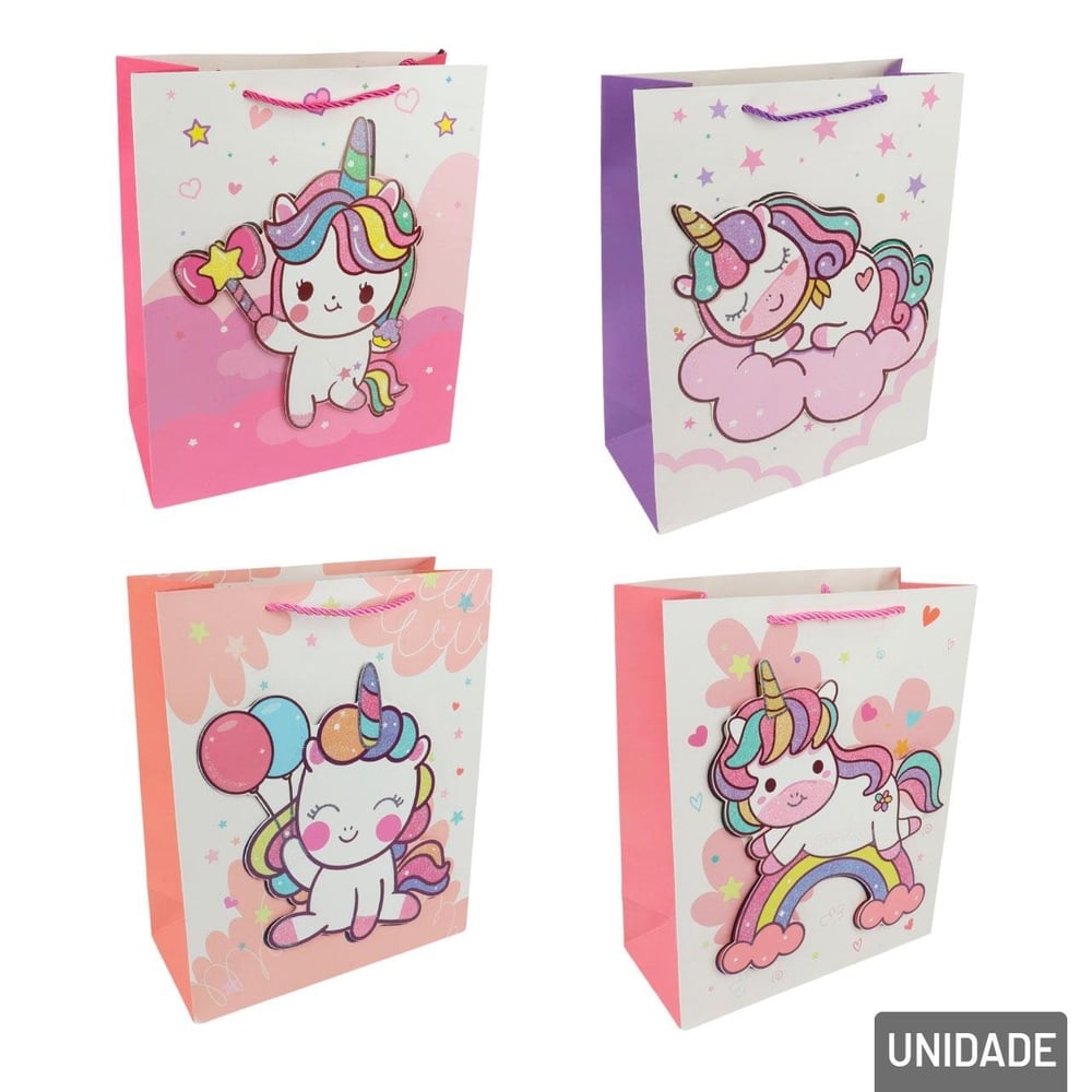 Sacola de Papel 32x26cm Unicórnio Glitter Sortidos