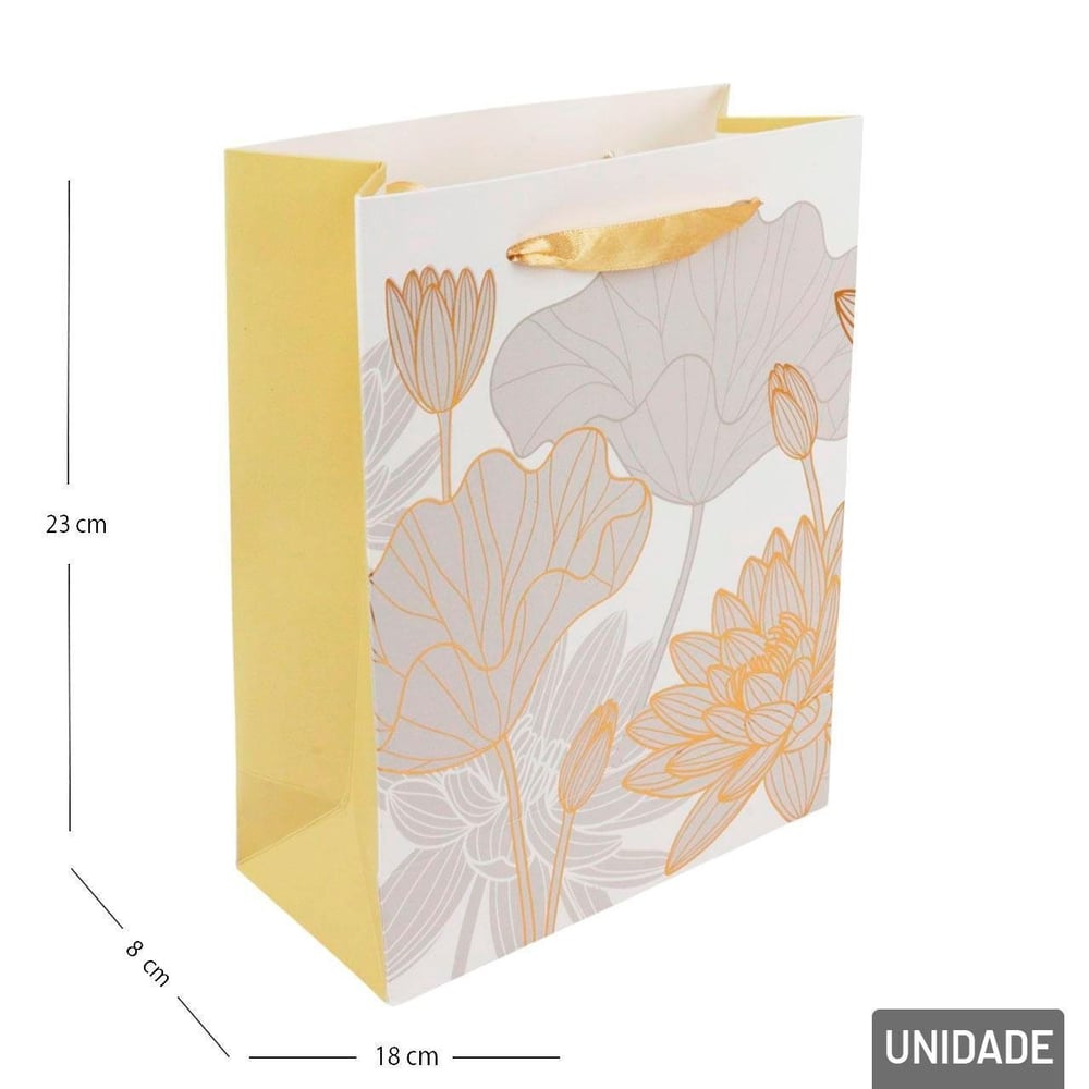 Sacola de Papel 23x18cm Flores Metalizada Branca