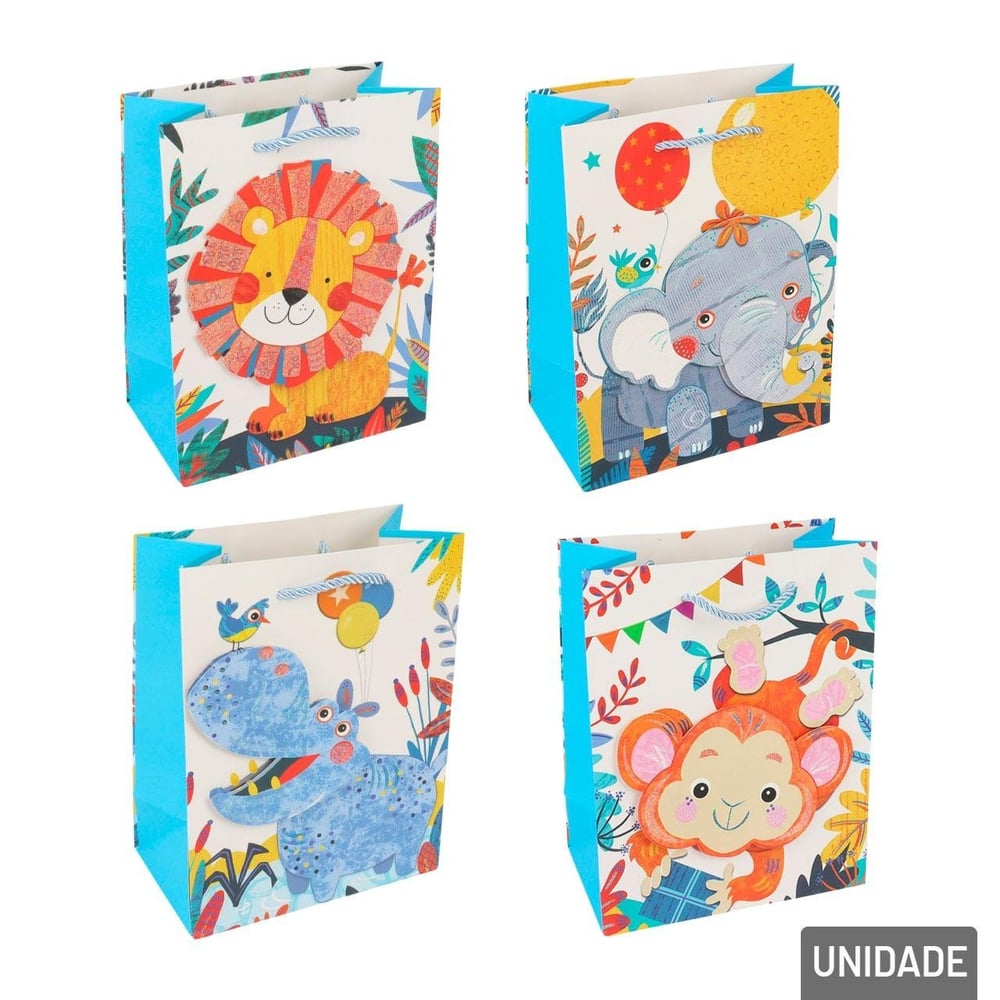 Sacola de Papel 23x18cm Animais 3D Glitter Sortido
