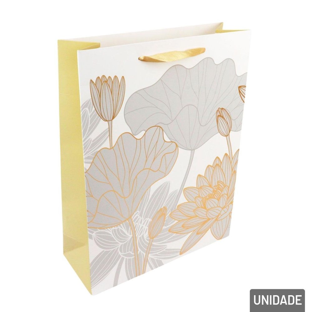 Sacola de Papel 33x25cm Flores Metalizada Branca