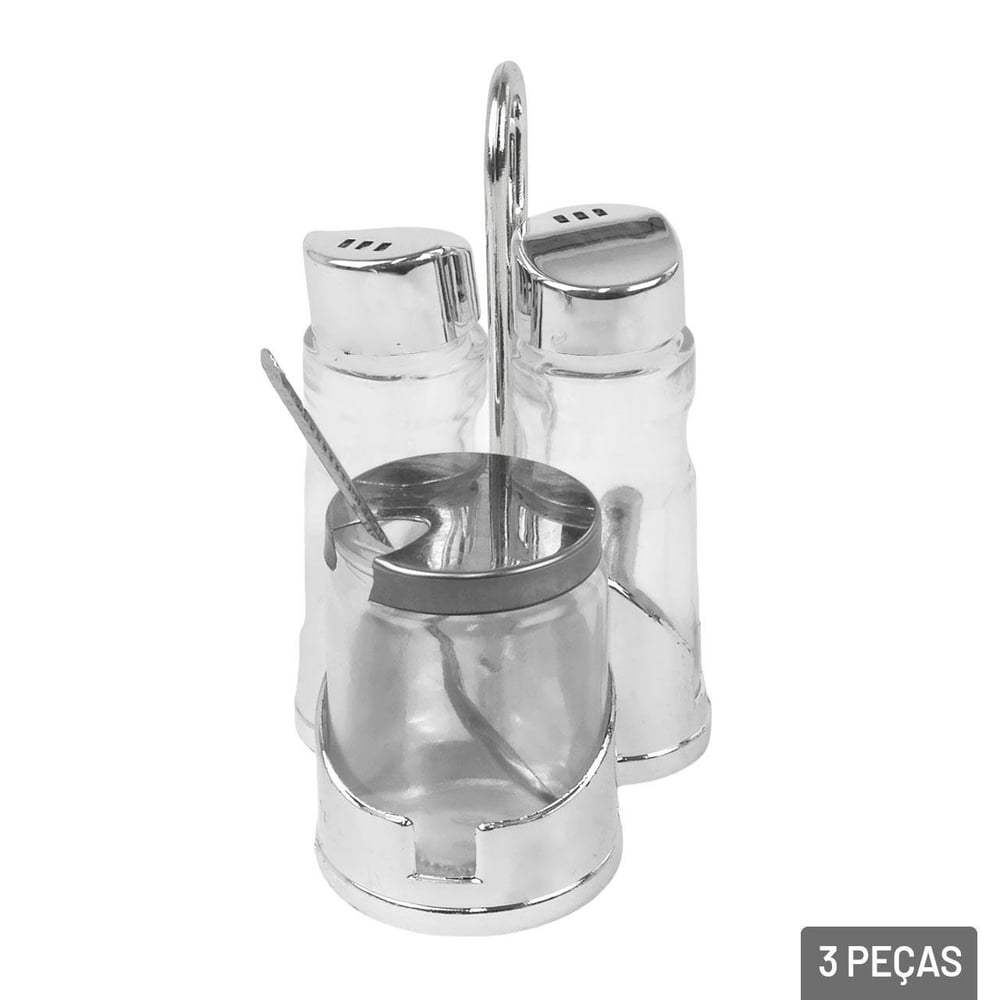 Galheteiro de Vidro 3 Pçs com Suporte Metal