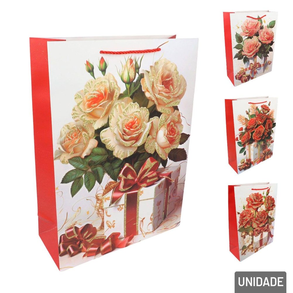 Sacola de Papel 41x30cm Flores Glitter Sortidas