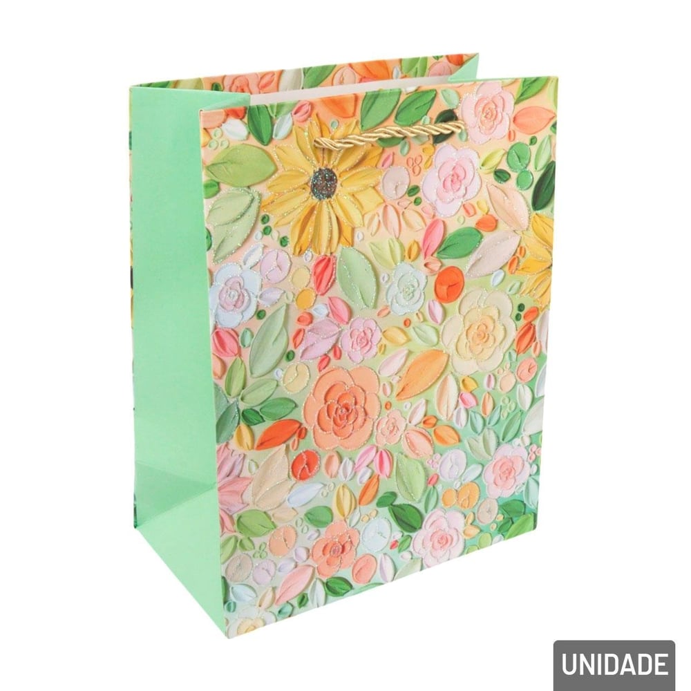 Sacola de Papel 23x18cm Flores Glitter Sortidas
