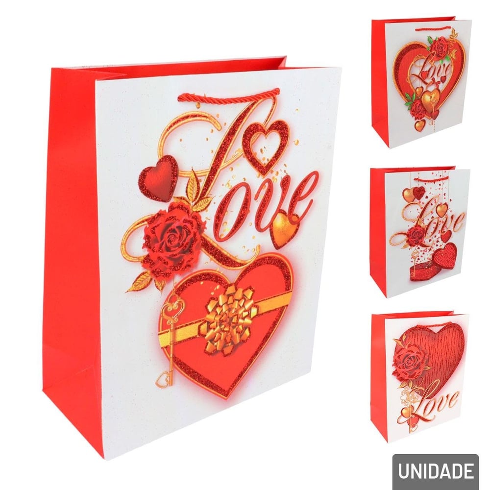 Sacola de Papel 32x26cm Coração Frase Love Sortido