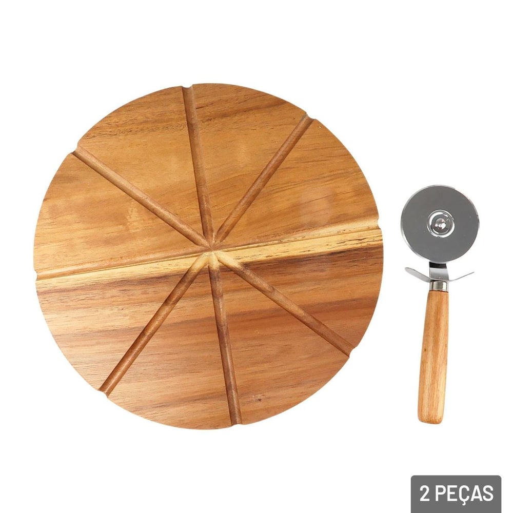 Tábua de Corte Bambu 24x24cm Pizza com Cortador