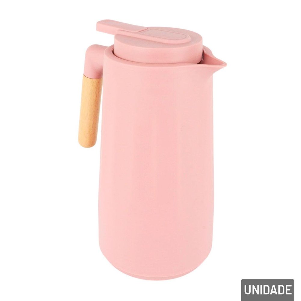 Garrafa Térmica Plástica 1L Rosa Cabo de Madeira