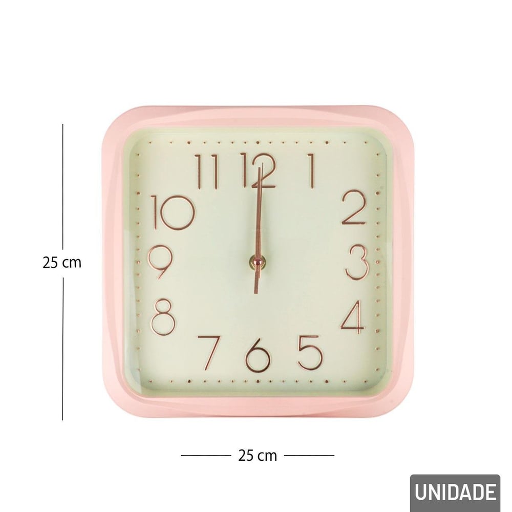 Relógio Analógico de Parede 25cm Quadrado Rosa