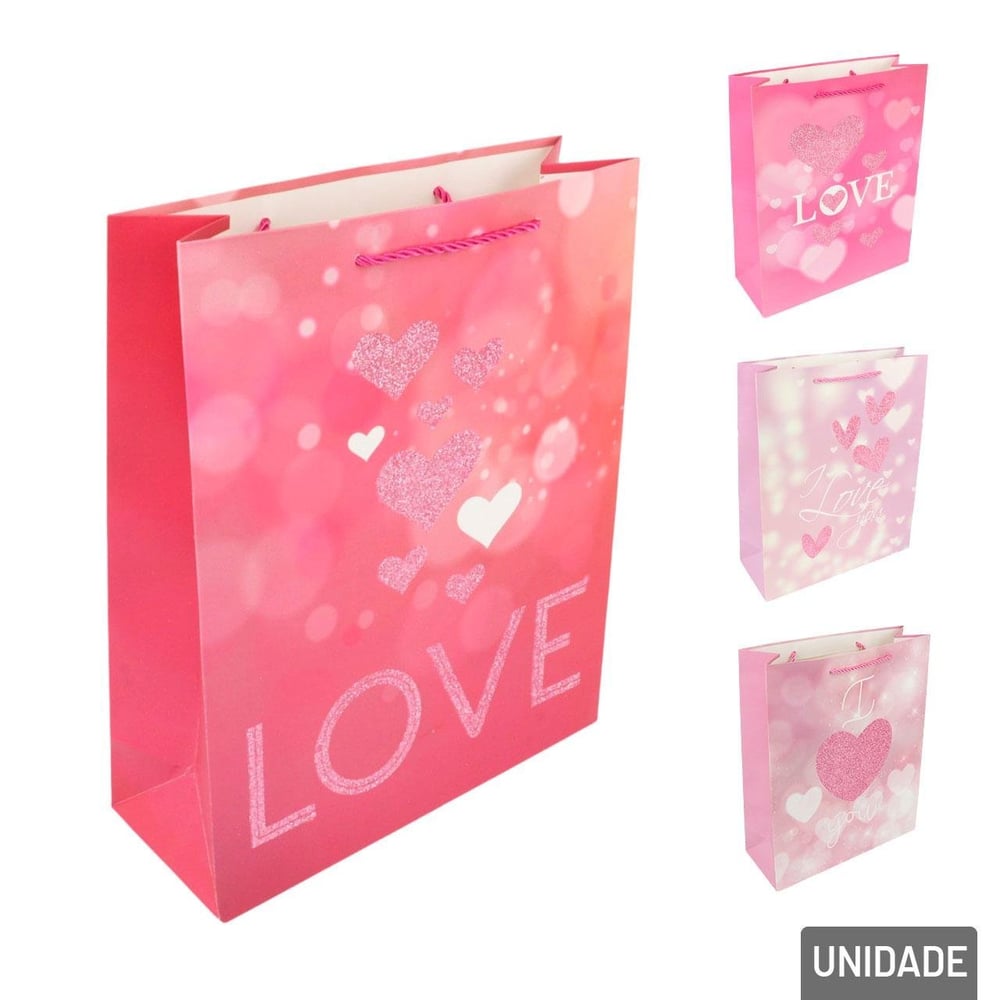 Sacola de Papel 32x26cm Coração Frase Love Sortido
