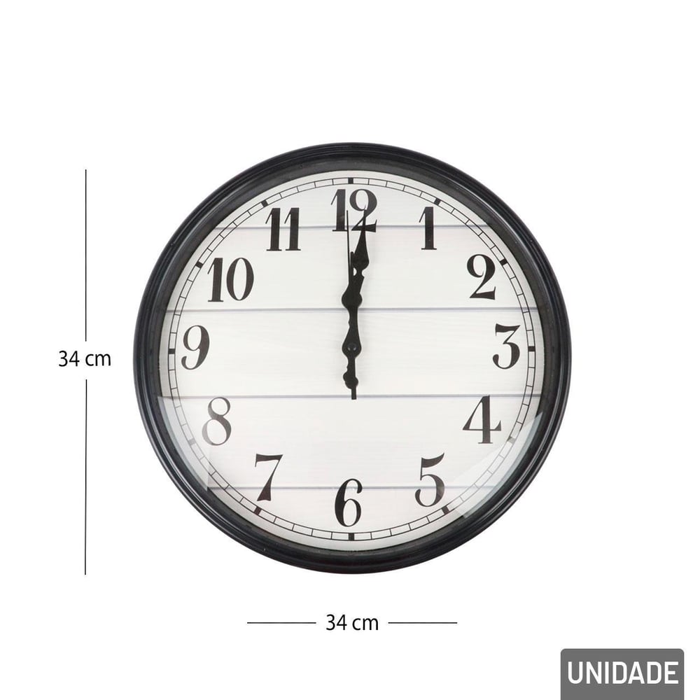 Relógio Analógico de Parede 34cm Redondo Preto
